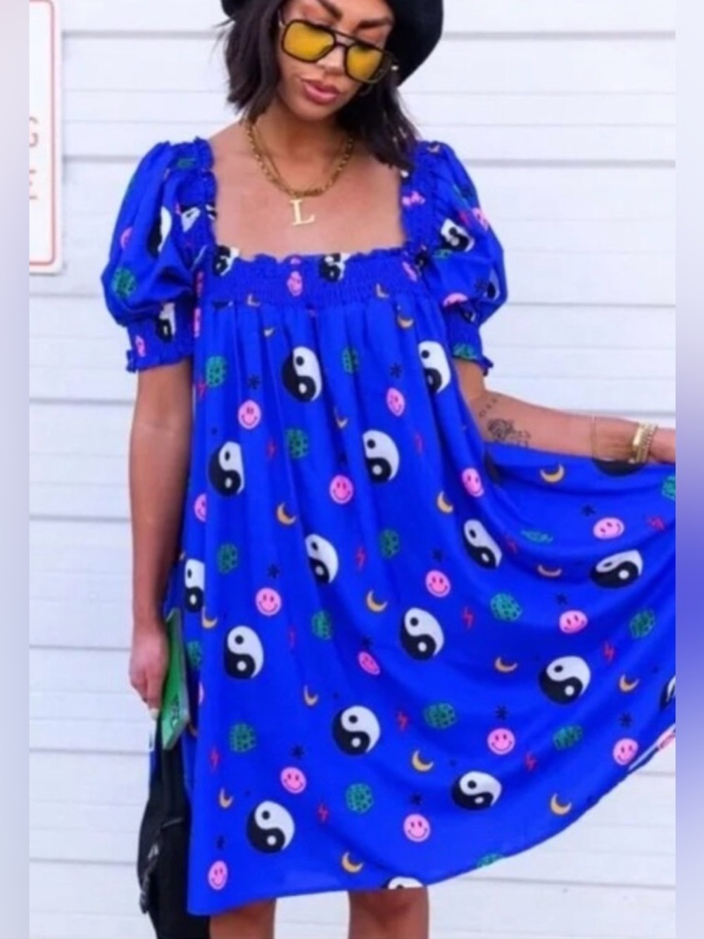 Dressed in LALA Yin Yang Dice Print Babydoll Dress Blue XL